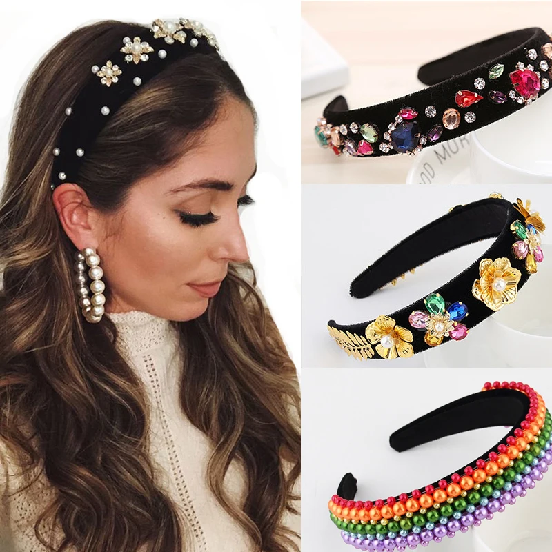 Retro Floral Rhinestone Headband Ladies Pearl Crystal Hairband for Girls Barlot Style Headress Wedding Hair Accessories