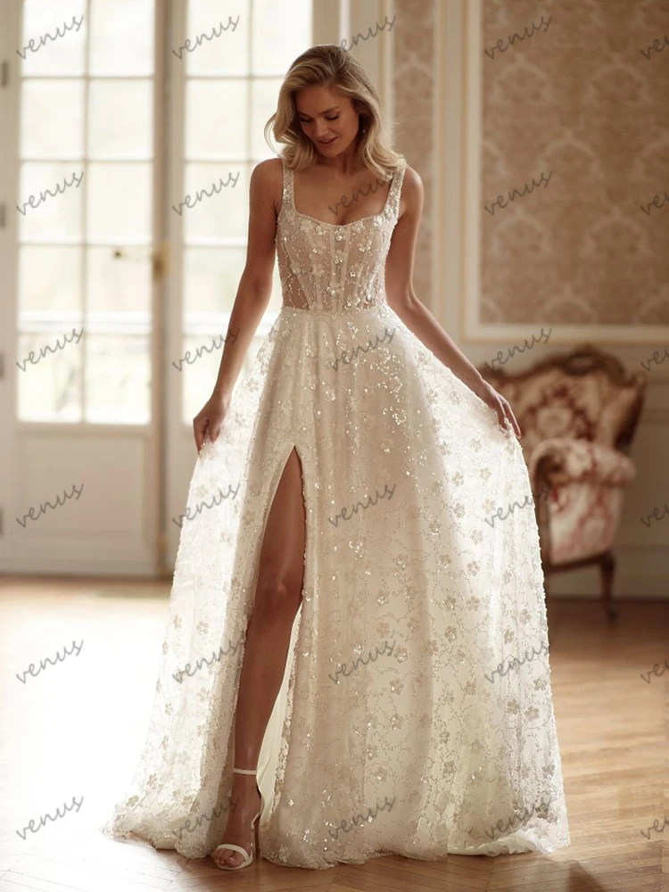 Luxury Wedding Dresses Gorgeous Bridal Gowns Lace Appliques Sleeveless Backless Robe High Slit Vestidos De Novia Customized 2025