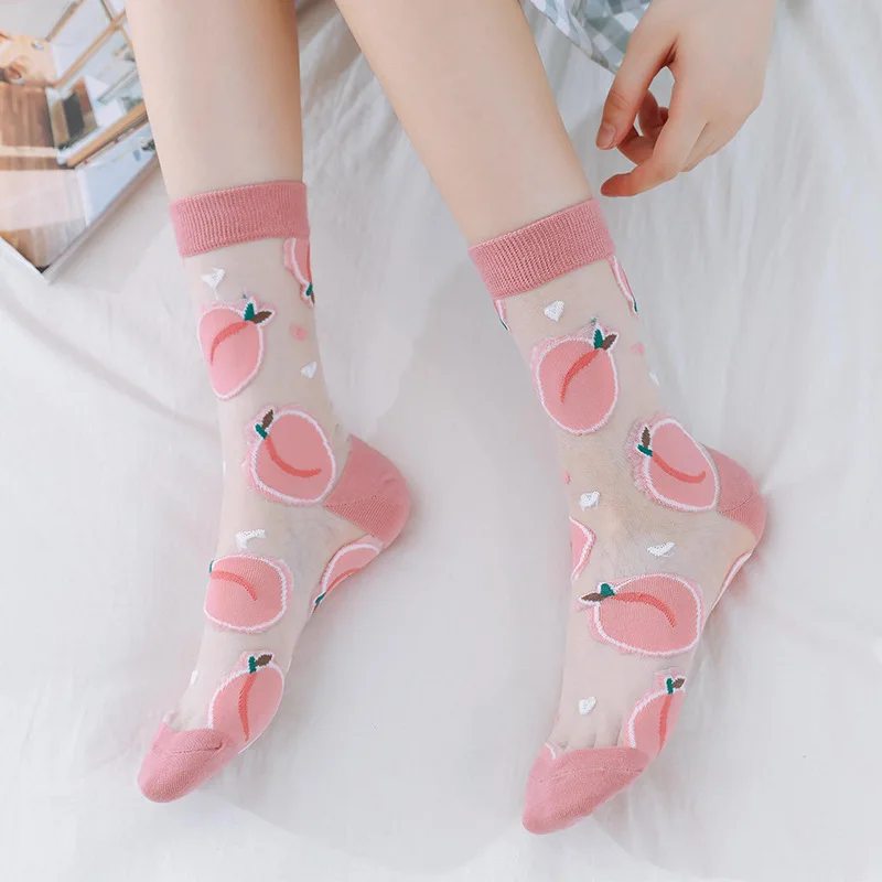 Women Thin Transparent Socks Crystal Glass Silk Socks Ladies Sweet Fruit Strawberry Avocado Peach Watermelon Summer Mesh Socks