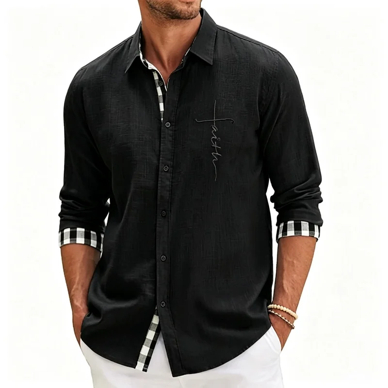 Men's shirt collar long sleeved shirt trendy contrasting color plaid cuffs business casual men's comfortable fabric XS-6XL