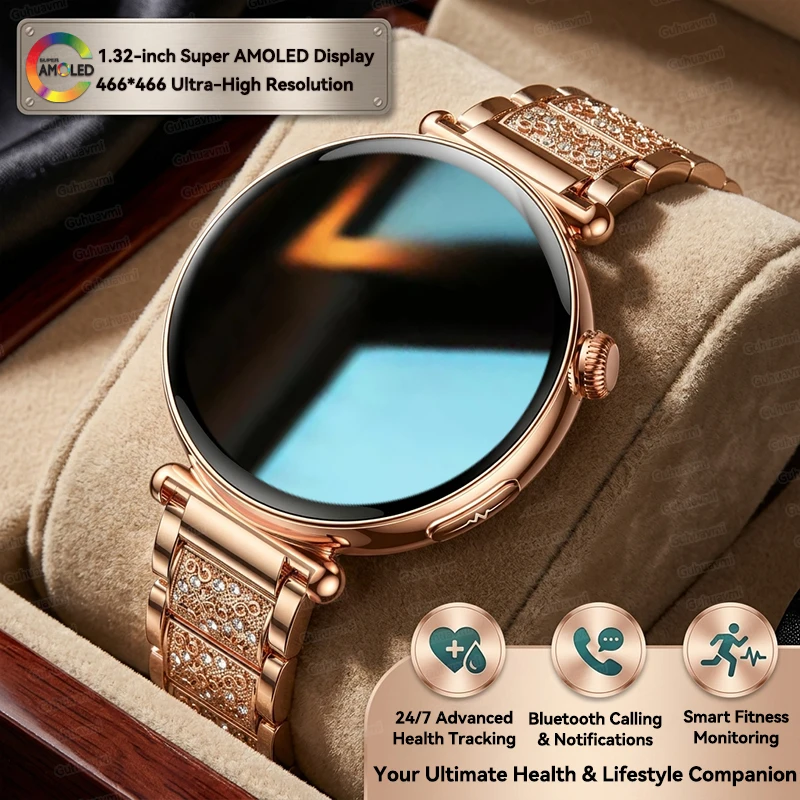 

Женские умные часы для здоровья с ЭКГ, 1.32'' AMOLED-экран, монитор артериального давления, функция Bluetooth-звонков