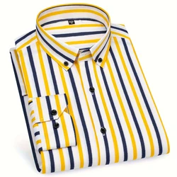 Mens Stylish Stretchy Striped Button-Down Shirt - Comfortable Long Sleeve Business & Casual Top - Color Block Design, All-Season