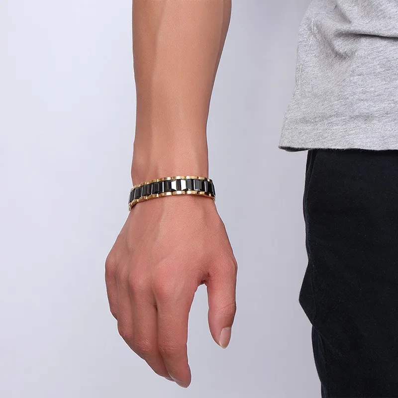 Fashion Black Magnetic Bracelet Men Energy Hematite Gold Ceramic Bracelet Male Wristband Magnetic Men Hand Chain Link