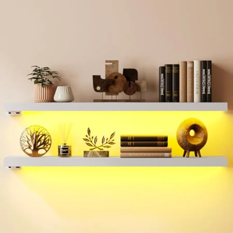 

Floating shelves for bedroom bathroom living room and kitchen decoration; white wooden shelves with LED lights; 31-inch wall-mo