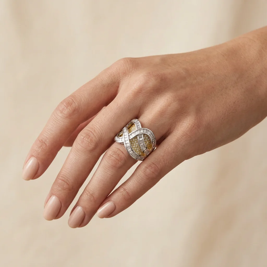 YLMyself Two Tone Ring Baguette CZ Swirl Pave Dome Statement Cocktail Jewelry Women Party Gift