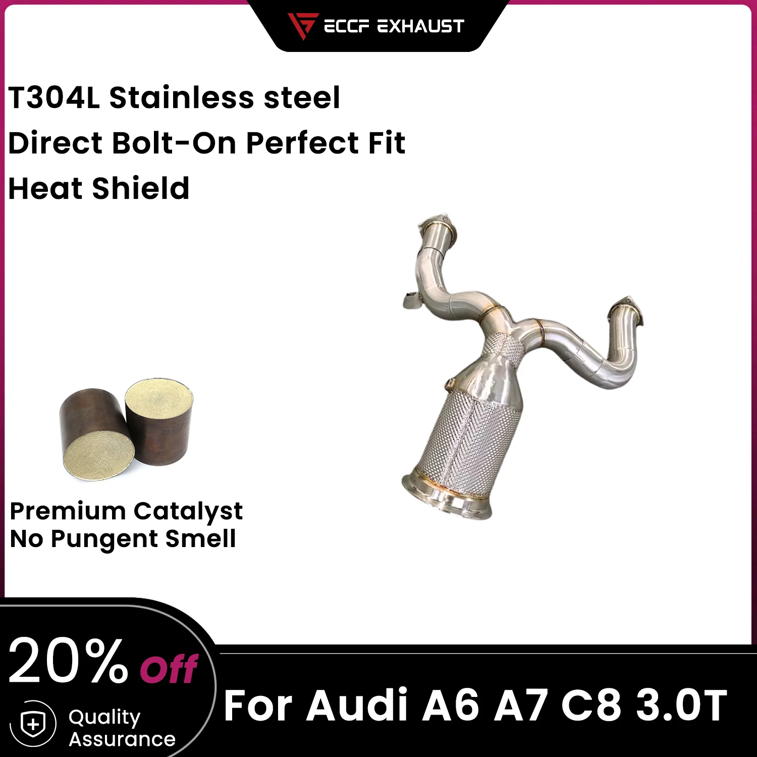 

ECCF Sports Downpipe With Heat Shield For Audi A6 A7 C8 3.0T Aggressive Exhaust Sound High Flow Performance Upgrade