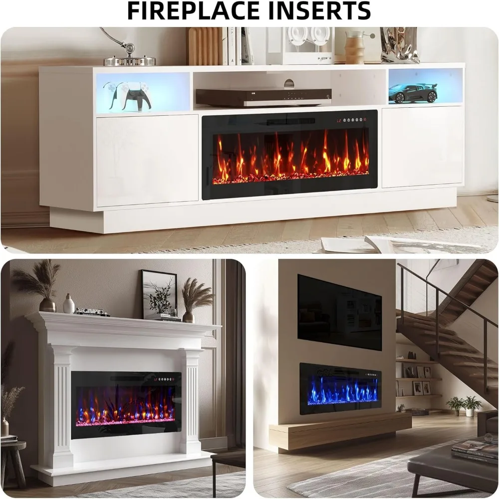 Электрический камин, 36 дюймов — настенный камин для подставки под телевизор, пульт дистанционного управления, 12 цветов пламени, встраиваемый камин Des