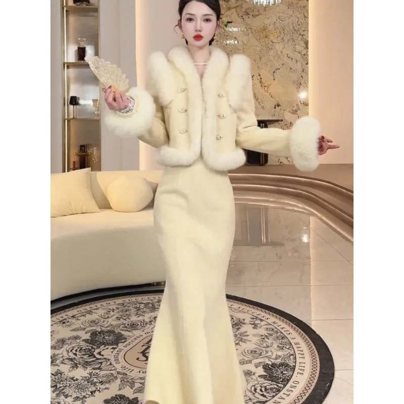 

New Chinese-style Fragrance High-end Winter Faux Fur Two-piece Set Traditional Chinese Style Niche Design Large Size Women Set