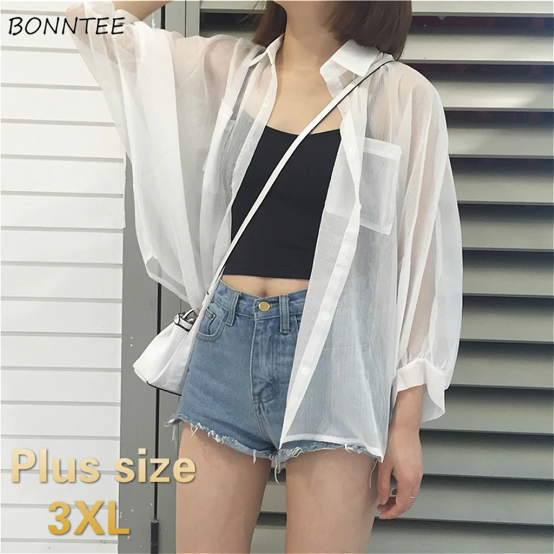 Shirts Women Summer Basic White Simple Ulzzang Sun-proof Lady Outerwear Pocket Fashion Batwing-Sleeve Sheer Tops Breathable Ins