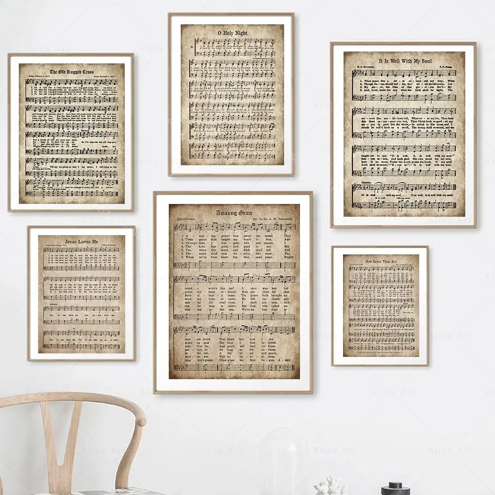 مذهلة نعمة طباعة خمر ورقة الموسيقى المشارك العتيقة ترنيمة ملهمة حائط لوح رسم صورة أغنية المسيحية ديكور المنزل