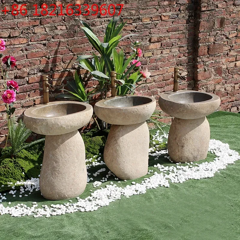 YAO Cobble Stone Wash Basin Sink Column Type Outdoor Courtyard Pedestal Basin for Garden Patio Yard Decor