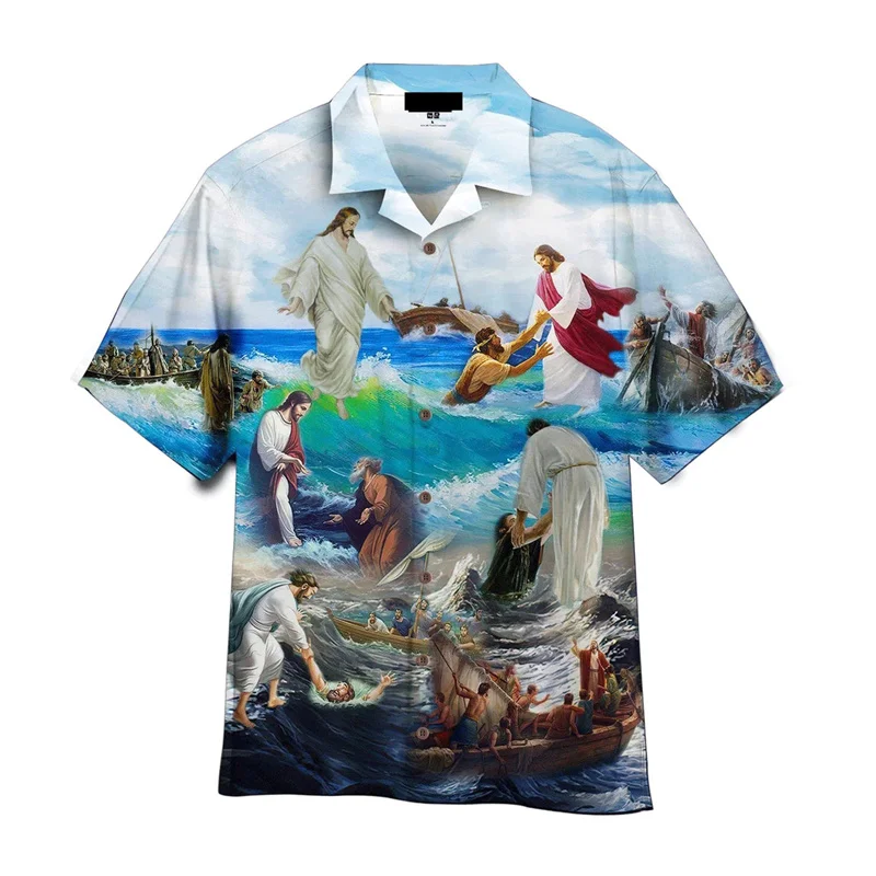 Chemise hawaïenne graphique de Jésus rétro pour hommes, vêtements College en 3D, chemises du christianisme, chemisier boutonné à manches courtes, rue d'été