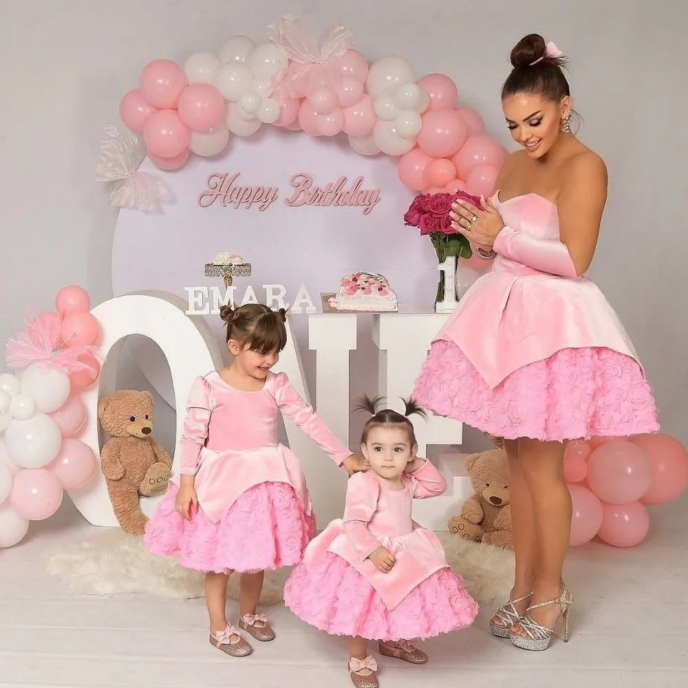 

Pink Mother And Kids Party Dress With Peplum Long Sleeves Velvet Mom And Me Birthday Dress Tea Length Family Look For Photoes