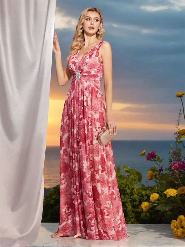 Lucyilove di lusso con scollo a V in chiffon rosa sexy backless abiti da sera convenzionali donne vestono abiti da festa da damigella d'onore abiti