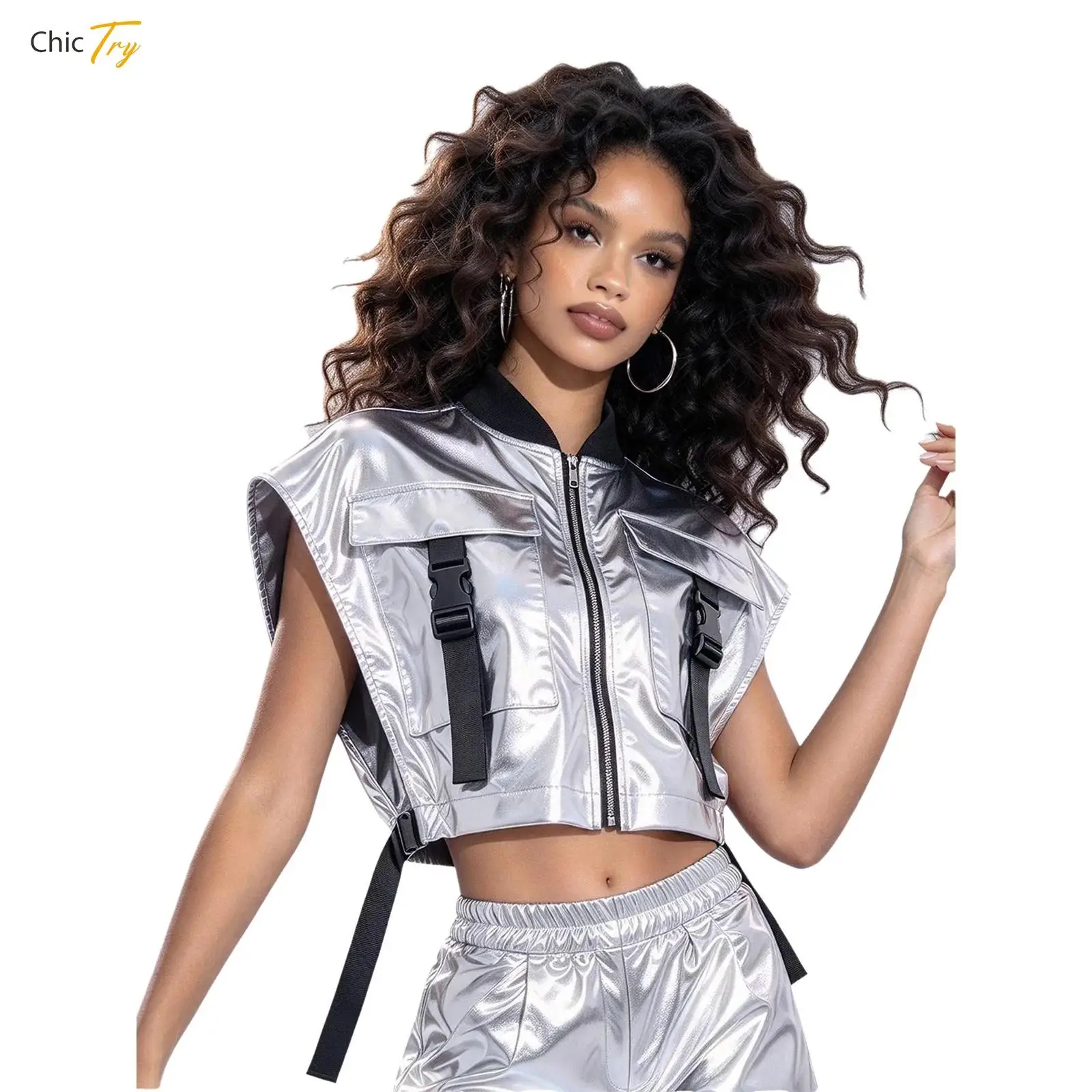 Women Sides Open Metallic Disco Jazz Dance Vest Waistcoat Hip Hop Streetwear Sleeveless Zipper Shiny Jacket with Buckle Pockets