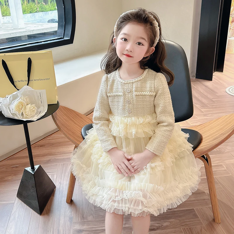 

Spring Baby Girls Layered Dress Birthday Party Dresses Classic Style Lace Princess Dress Child Clothes 2-8 Years Kids Clothing