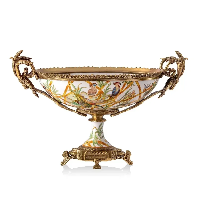 

Golden Decorative Porcelain Brass Fruit Plates Bowl with Stand Antique Living Room Home