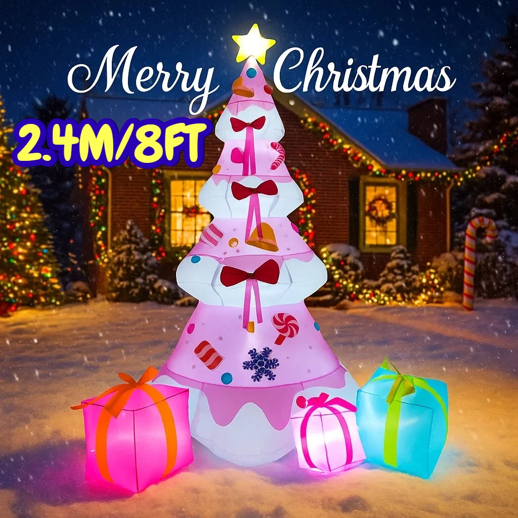 

2.4M/8FT Pink Christmas Tree Gift Boxes Decorations Home Inflatable Toys With LED Lights Yard Xmas Ornaments Party DIY Decor