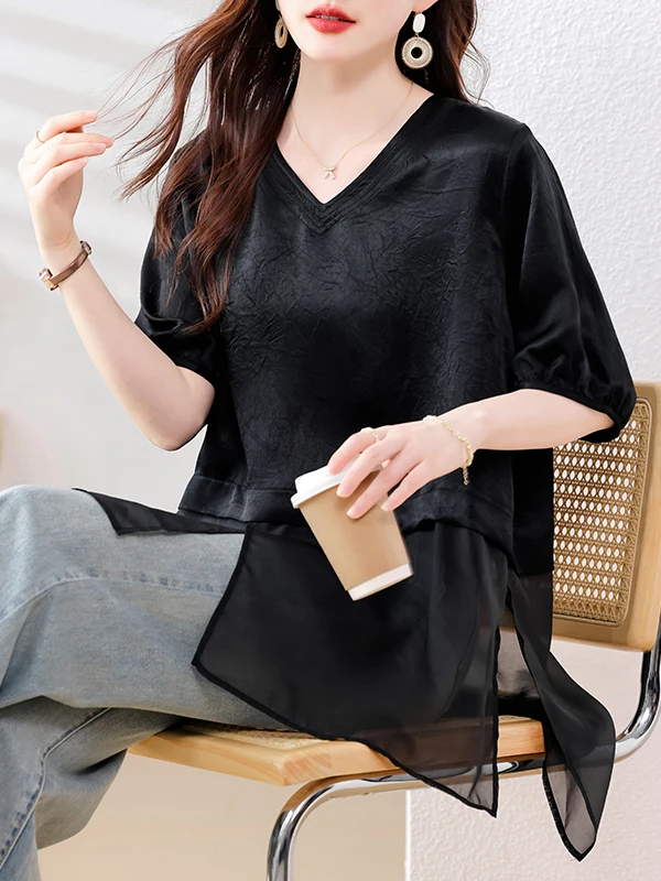 Loose Fit Acetate Short Sleeve Women's T-shirt Brand Tag Removed Mid-Length Splice Design Summer Fashionable Versatile plus S...