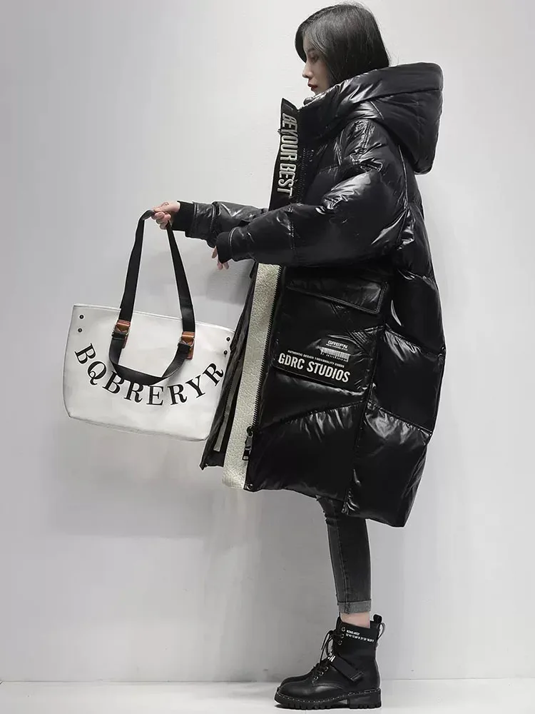 Imagem -02 - Inverno Preto Longo 90 Pato Branco para Baixo Jaqueta Feminina Streetwear Nova Moda Carta Solta à Prova de Vento Parkas com Capuz para Baixo Cabolsas 2023