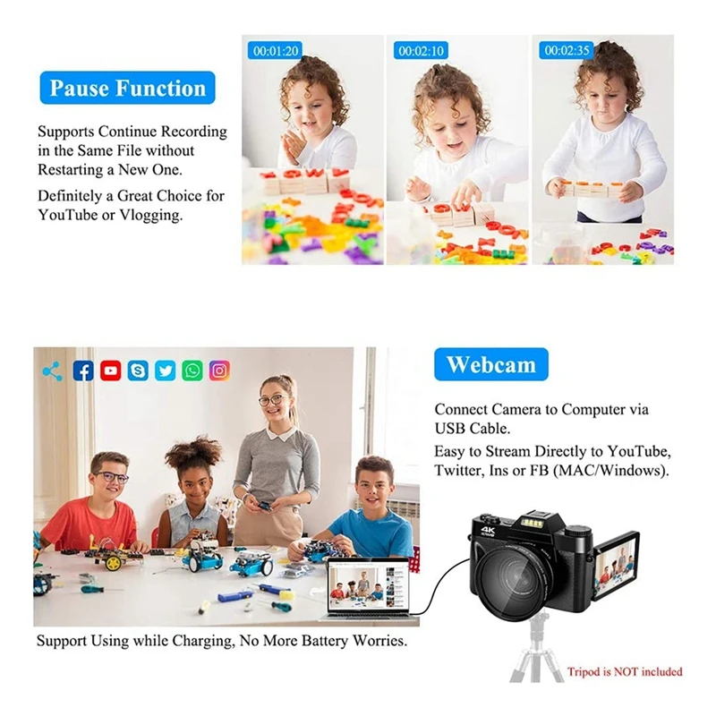 4K WIFI Web Cam 48MP Streaming Camcorder Camera Digital Camera With Wide Angle Lens