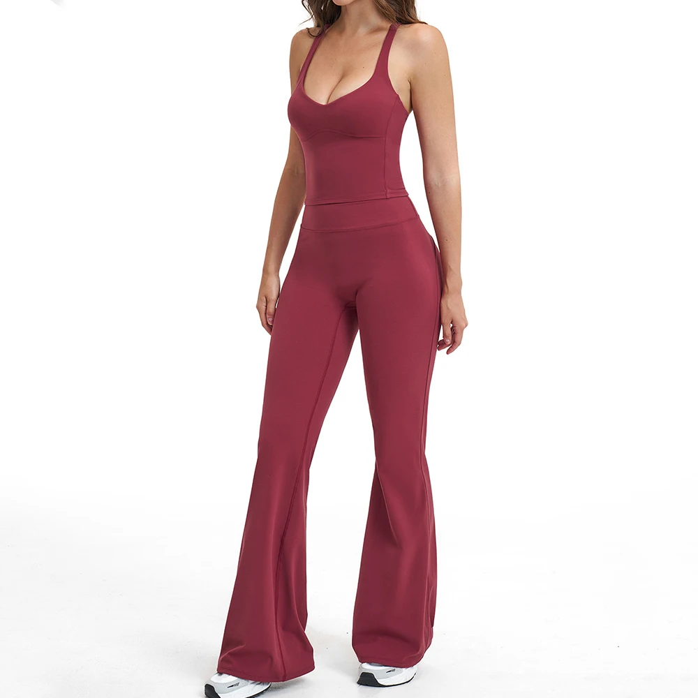 Ensemble de yoga 2 pièces pour femme : pantalon évasé et débardeur de sport antichoc – Tenue de spor