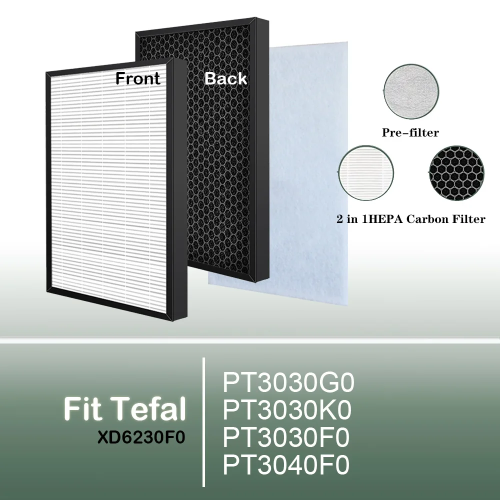 2 in 1 Activated Carbon + Hepa Filter for Tefal Pure Air Purifier PT3030G0 PT3030K0 PT3030F0 PT3040F0 XD6230F0