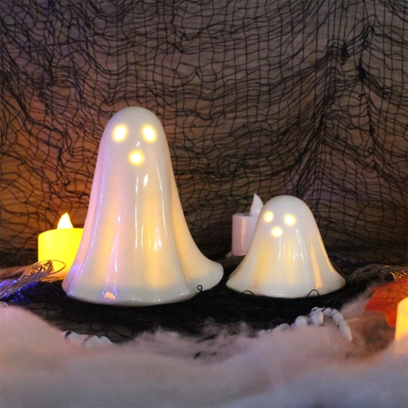 2Pcs LED Lighted Ceramics Specters Ghostly Figurine Sculpture Creative Table Centerpieces Glowing Lamp Halloween Decors