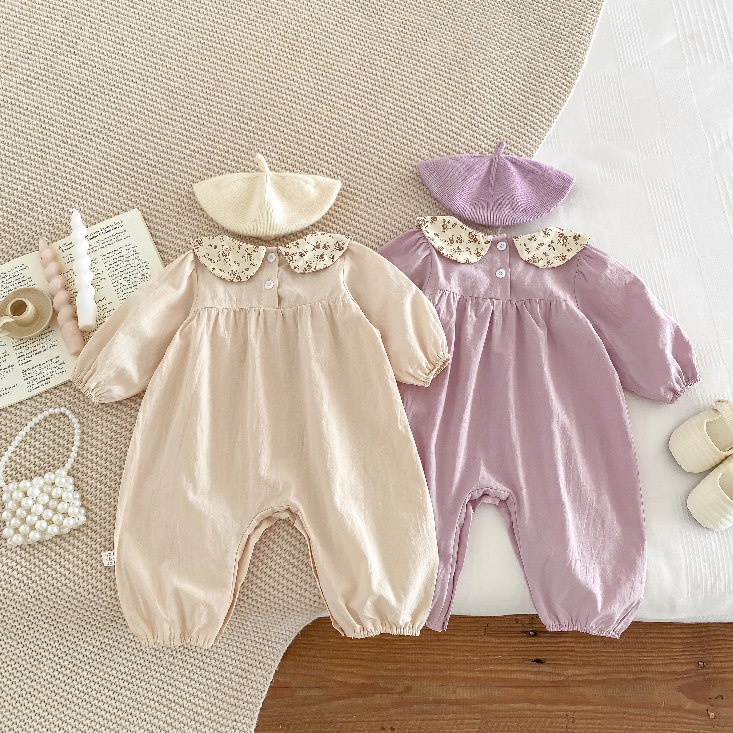 0-3Y Baby Bodysuit  Long Sleeves Floral Collar  Infant Girls Jumpsuit Baby Clothes  Thin Sweet Beauty