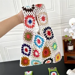 Women's Crochet Handbag Boho Cotton Hand-Woven Hollow Out Floral Wristbag Portable Summer Beach Females Weaving Tote Handle Bag