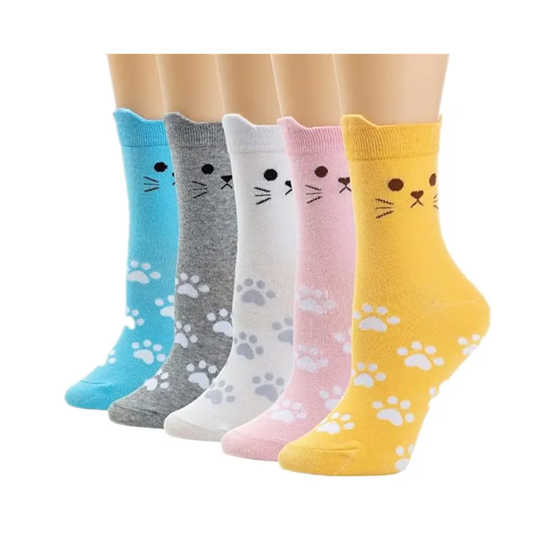 

5 пар женских носков, комплект японских кавайных носков с 3D котом в стиле Харадзюку, простые носки средней длины, удобные дышащие хлопковые носки