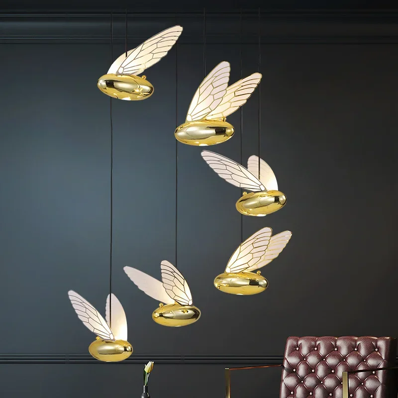 

Postmodern Design Wing Gold Bee Led Pendant Lights Hotel Hallway Dining Room Art Luxury Hanging Lamp Home Decor Stairs Luster