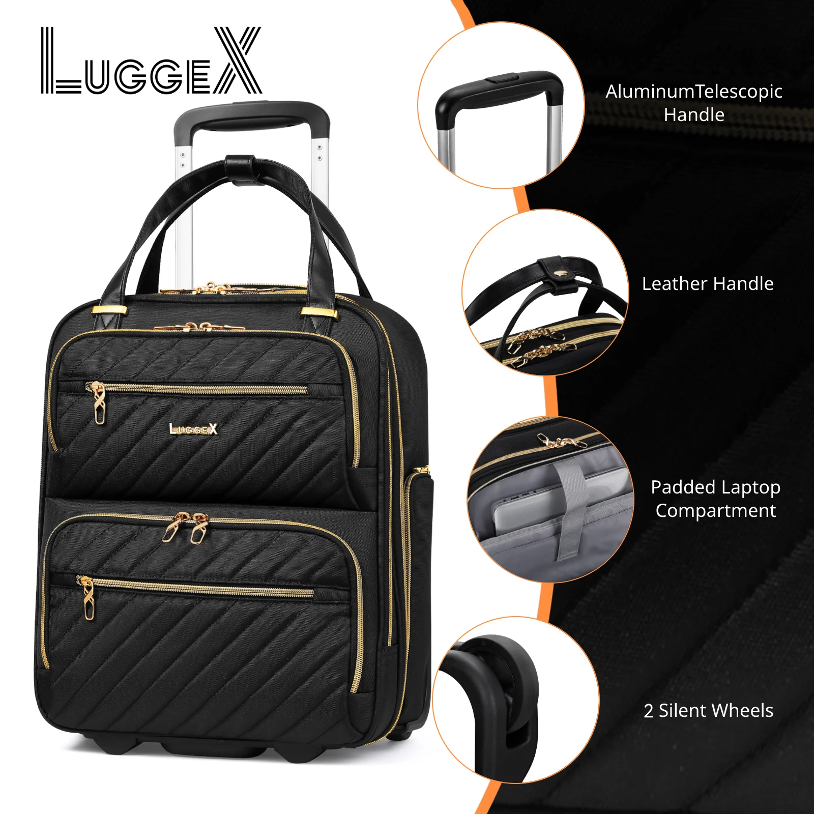 LUGGEX Equipaje de mano para asiento con ruedas - Equipaje ligero y elegante para debajo del asiento - Lado suave (negro, 16 pulgadas)