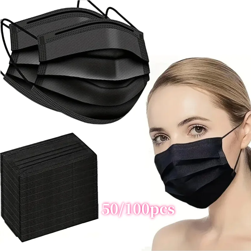 

100pcs Black Disposable Face Masks 3-Layer Breathable Anti-Dust Protective Masks for Daily Travel Work Use Facial Care Accessory