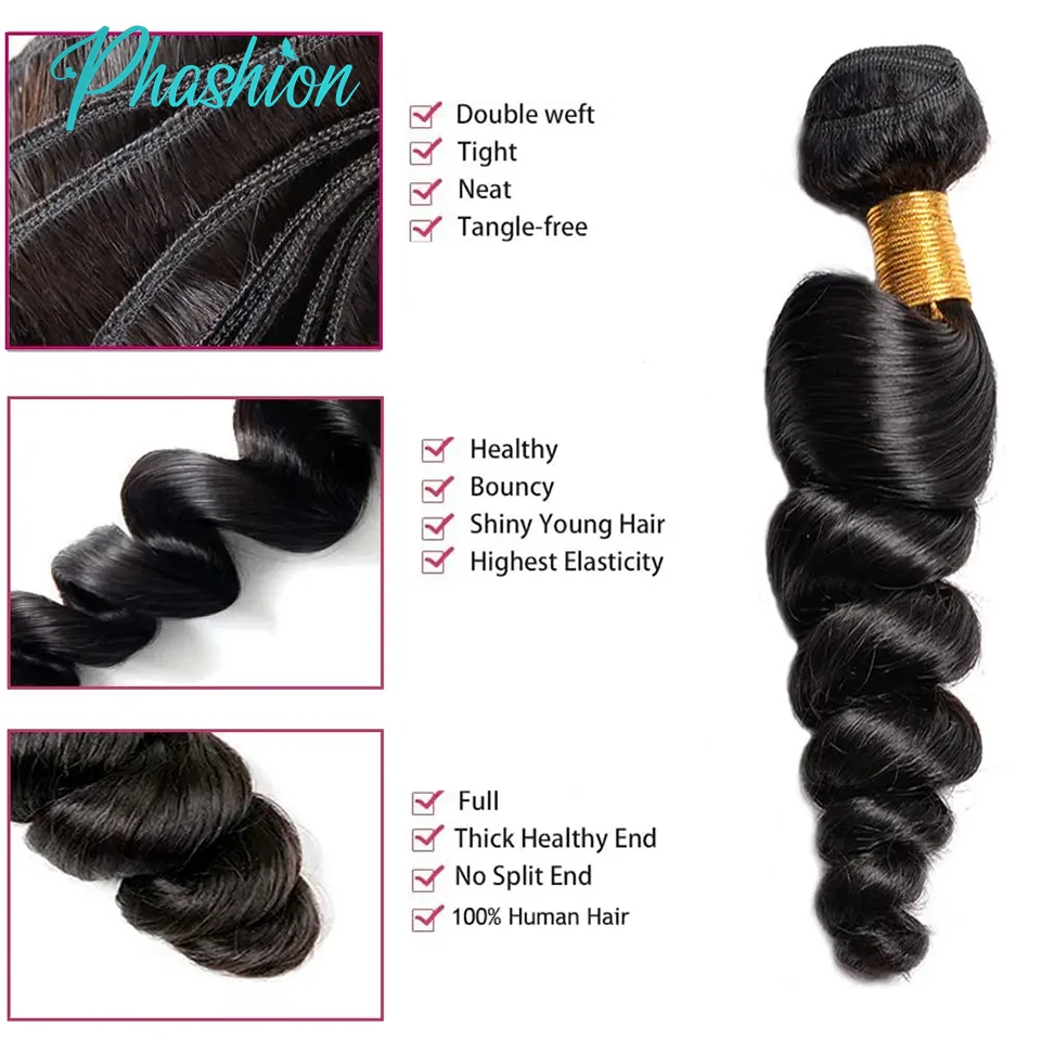 Phashion Loose Human Hair Bundles 1/3 Pcs/Lot 30 32 Inch 100% Remy Hair Extensions For Black Women Brazilian Weave Natural Color