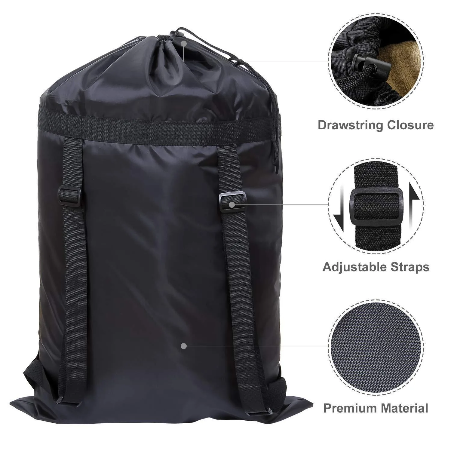 2PC Oversized Black Backpack Laundry Bag for Camping Dirty Clothes Storage Adjustable Shoulder Straps Travel Gear Organizer