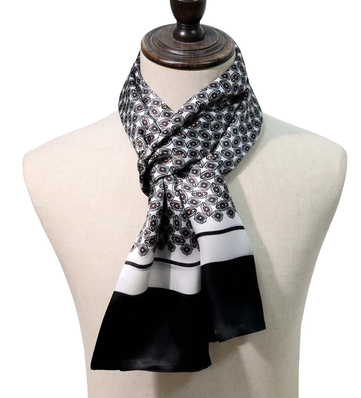 Men's 100 silk scarf with business and casual geometric patterns, black + white, 160cm*25cm