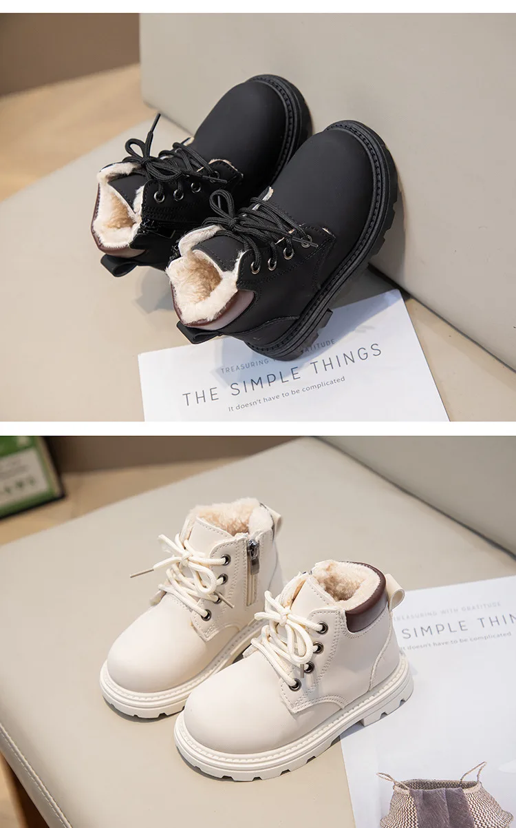 Neue Kinder-Mode-Stiefel, Winter, verdickte, rutschfeste, warme Lederstiefel für Jungen und Mädchen, seitlicher Reißverschluss, einfarbig, Freizeitschuhe für Kinder – Detail 14