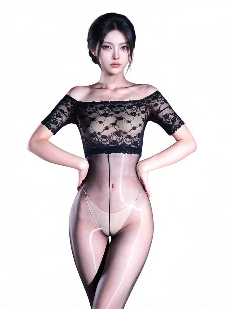 Women Lace Patchwork Bodysuit Off Shoulder Jumpsuit Oil Shiny Glossy Tights Short Sleeve Thin Sheer Slip Slimming Maid Leotard