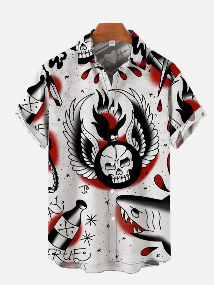 Retro Men's Traditional Tattoo Skull Beer Candle Floral Print Short Sleeve Lapel Shirt Summer Novelty Street Daily Casual Top