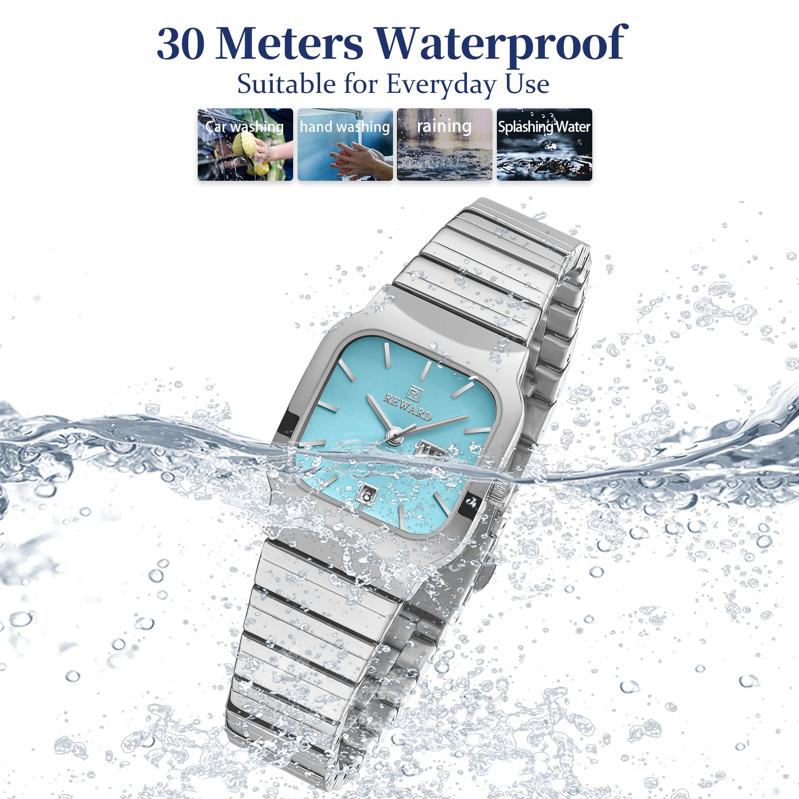 REWARD Fashion Square Watches for Women Stainless Steel Band Date Day Waterproof Casual Womens Wristwatch