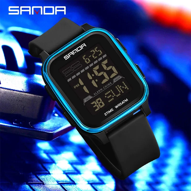 SANDA New Fashion Men Electronic Watch Multifunctional Square Dial Calendar Sports Luminous Waterproof Countdown Digital Watch
