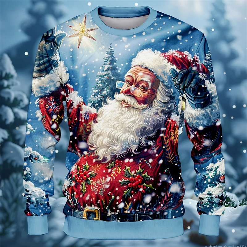 3D Printed Fun Christmas Sweatshirt For Men Music Motorcycle Santa Claus Pattern Pullover Casual Round Neck Long Sleeve Hoodies