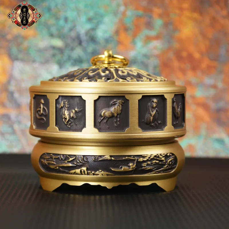 All-brass with relief carvings of the twelve zodiac animals, a bronze burner for burning incense, a bronz