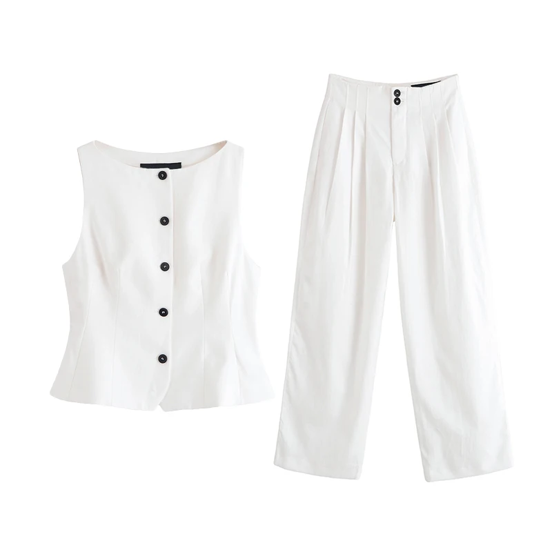 2025 Summer New Women's Faion Pleated Waistcoat And Wide Leg Pants Set Z Brand Polyester Fiber ort Sve round Ne