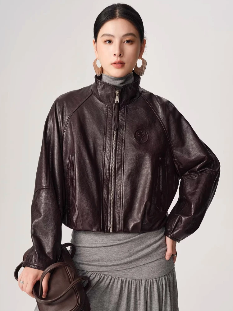 

Vintage Short Genuine Leather Jackets for Women Spring Autumn 2026 High-end Simple Stand Collar Soft Oil Wax Real Sheepskin Coat
