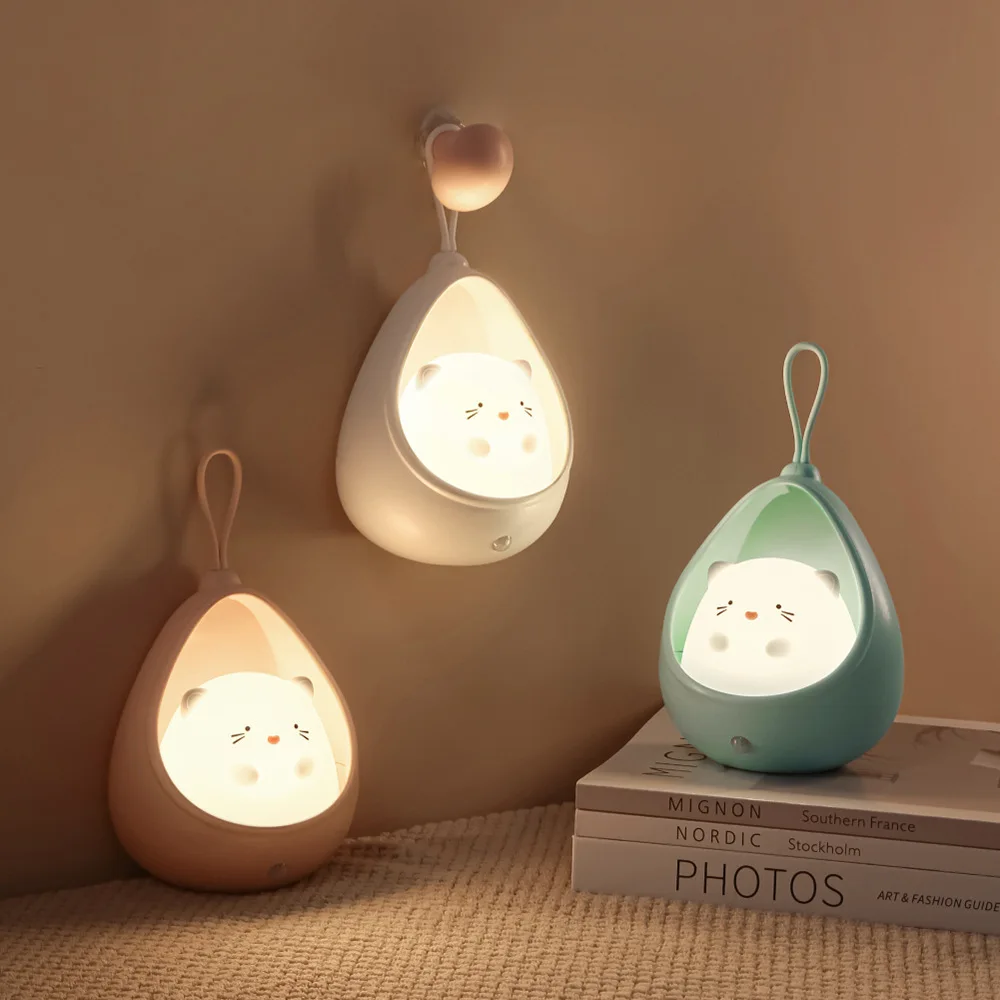 Kids Gift Portable USB Rechargeable Warm White Cute Little Rabbit Cat Motion Sensor LED Wall Night Lamp Light with Hanging Rope