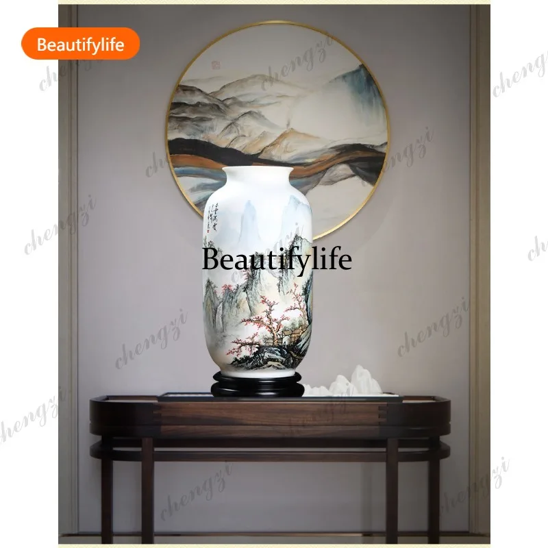 03 ceramic large hand-painted landscape vase ornament solid wood home furniture Bogu frame entrance decoration
