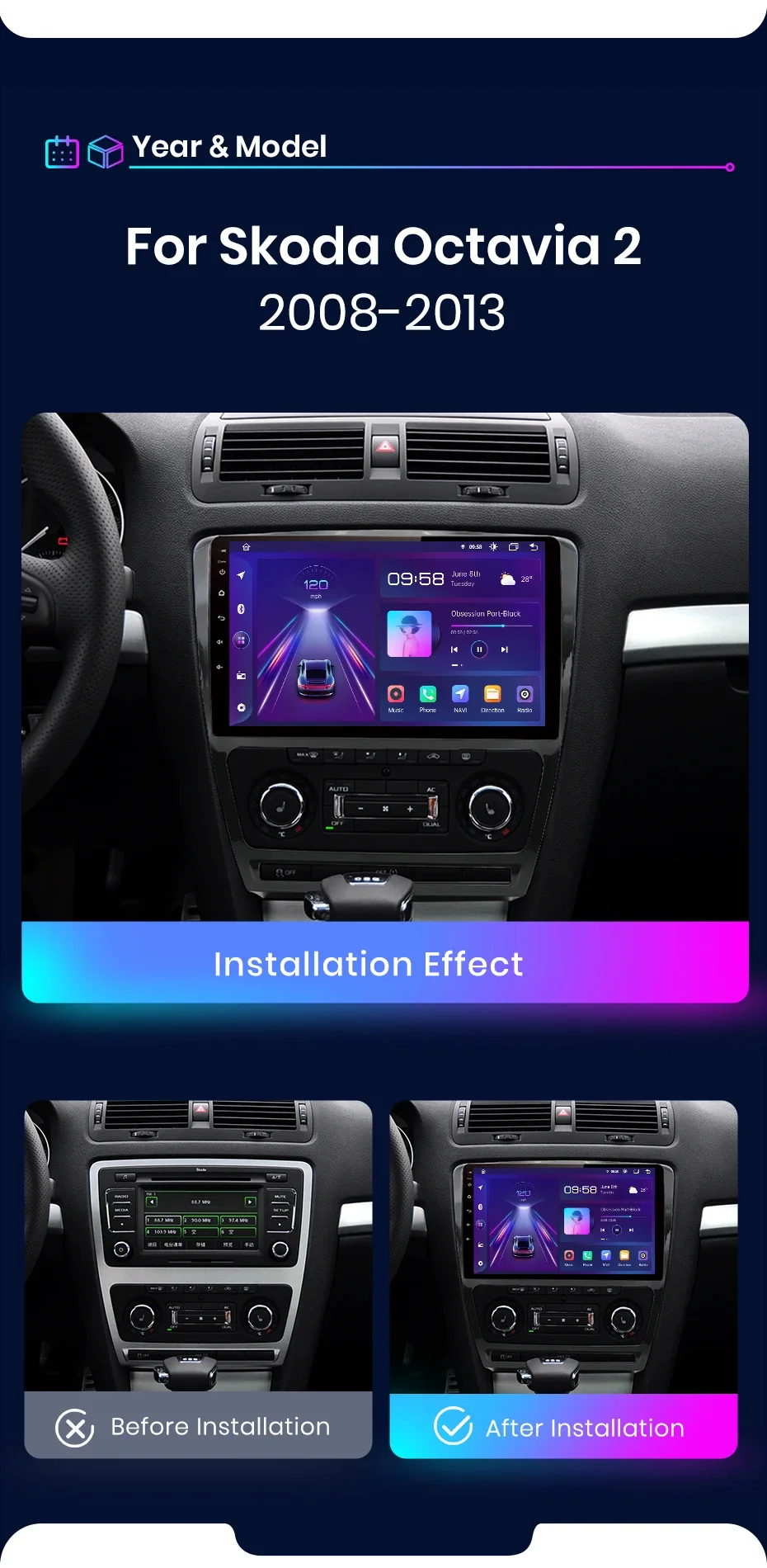 Junsun Kabelloses CarPlay Android Auto Autoradio für Skoda Octavia 2 A5 2008-2013 2 DIN Multimedia-Stereoanlage mit Eingebautem Kühlventilator GPS-Navigation SWC Bluetooth FM RDS DSP IPS-Bildschirm Auto-Intelligentes System 4G WiFi 8-Kern Plug&Play Haupteinheit – Detail 8