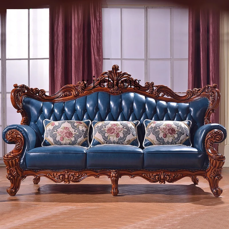 

XL European Style Genuine Leather Sofa 123 Combination Full Solid Wood American Style Living Room Large Apartment Luxury